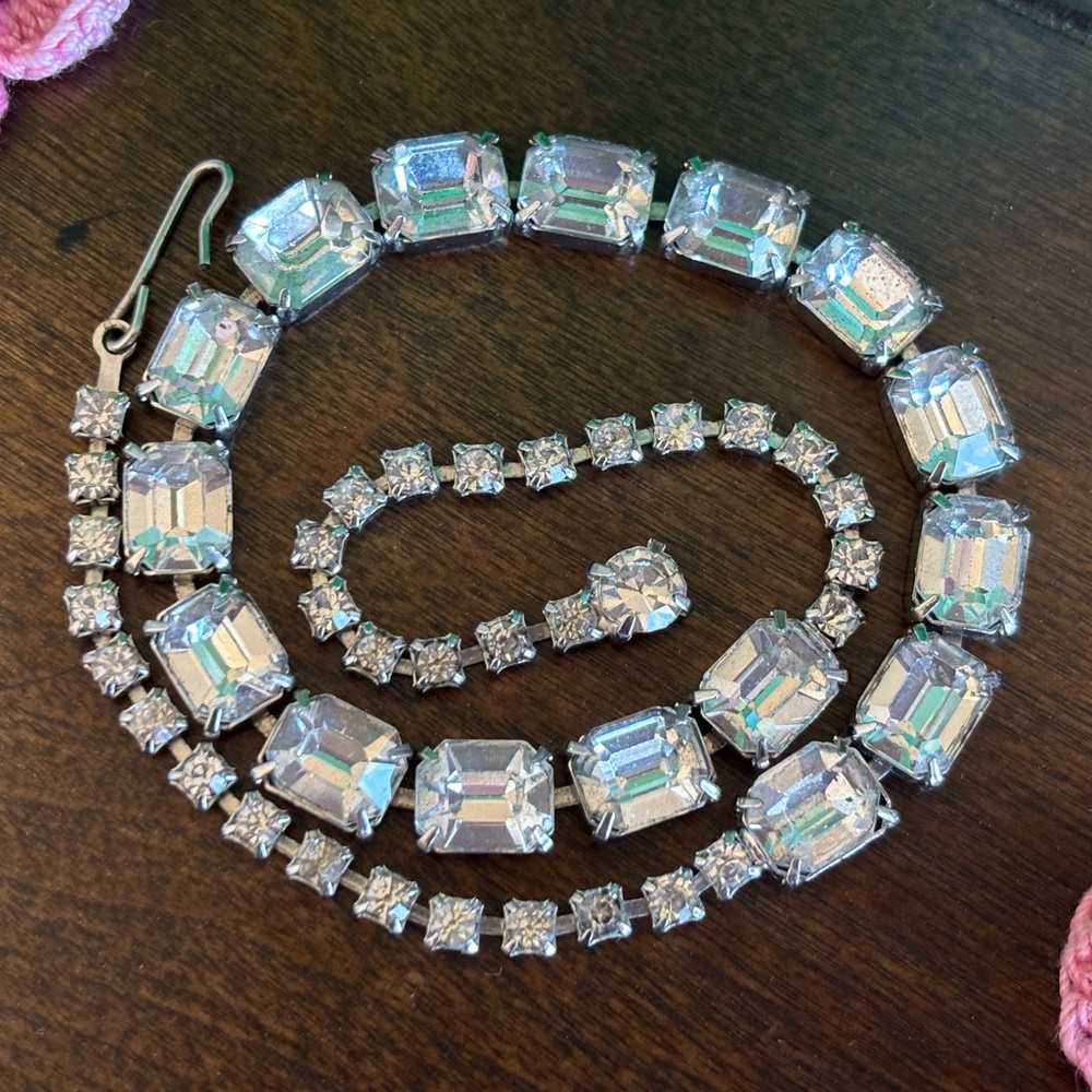 Vtg-Antique Crystal Clear Rhinestone Adjustable Silver Tone Choker Necklace